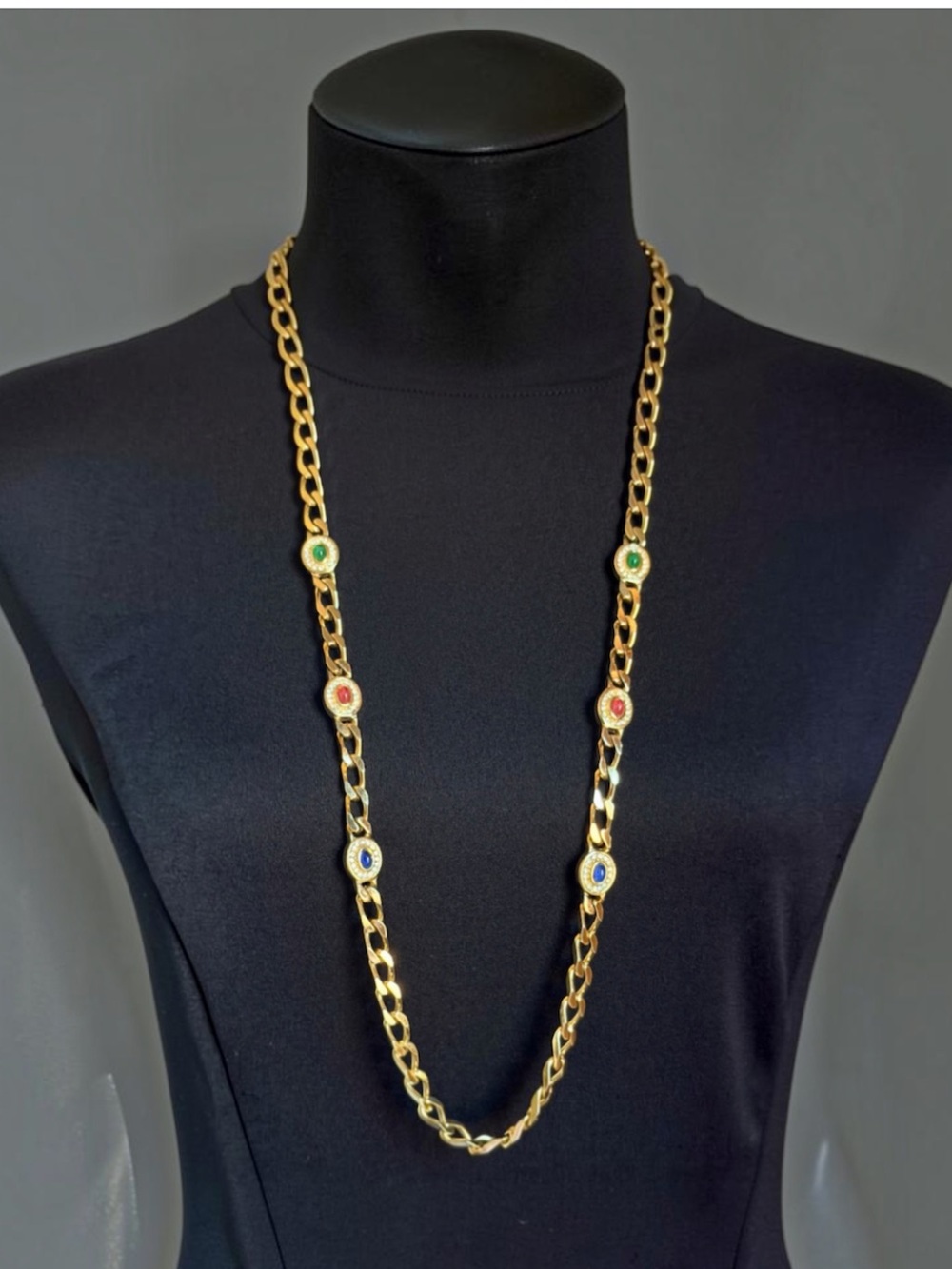 Vintage Grossé Gripoix Glass Cabochon Gold Station Necklace 36” - Christian Dior